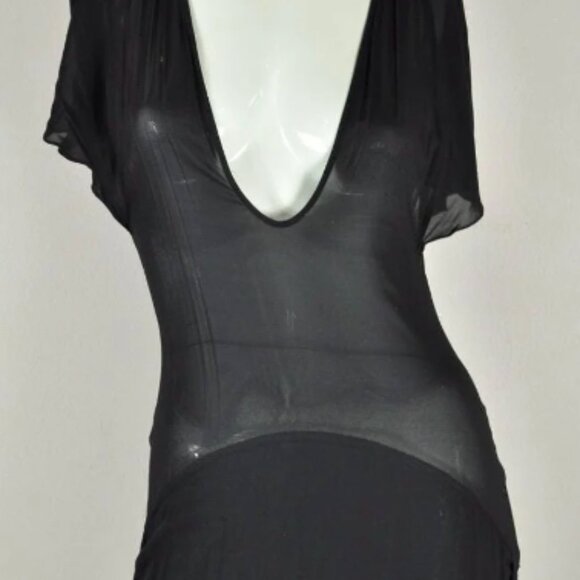 Vintage Black Silk Deep-V Scoop Neck Semi-sheer Drop Waist Asymmetrical Dress - Picture 4 of 7
